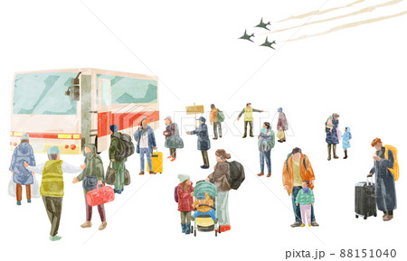 バスに並ぶ避難する人たち手描き水彩風イラストのイラスト素材