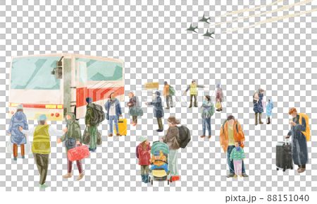 バスに並ぶ避難する人たち手描き水彩風イラスト バスに並ぶ避難する人たち手描き水彩風イラスト 88151040