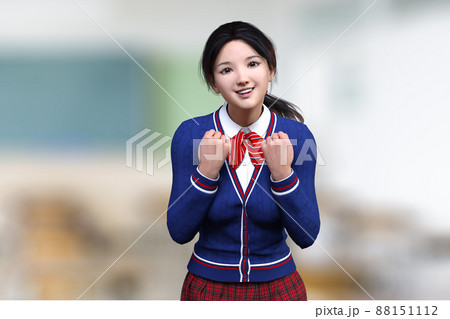 教室でガッツポーズをする女子高生。 88151112