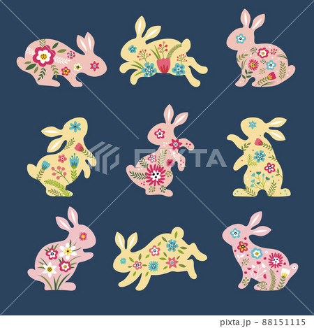 Easter rabbits. Silhouettes of animals bunnies with botanical decoration flowers and chocolate eggs recent spring selebration vector templates Easter rabbits. Silhouettes of animals bunnies with botanical decoration flowers and chocolate eggs recent spring selebration vector templates 88151115