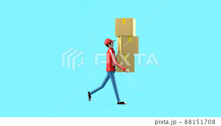Delivery man with red uniform walk to sending the cardboard boxes, 3d rendering, express delivery concept, isolated on blue background. Delivery man with red uniform walk to sending the cardboard boxes, 3d rendering, express delivery concept, isolated on blue background. 88151708