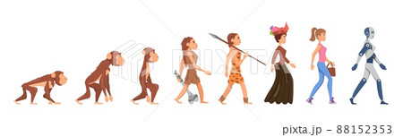 Evolution of woman. Hunter girl, homo sapiens and monkey. From primate to human and android. Cartoon fashion adult and primitive prehistoric decent vector characters Evolution of woman. Hunter girl, homo sapiens and monkey. From primate to human and android. Cartoon fashion adult and primitive prehistoric decent vector characters 88152353