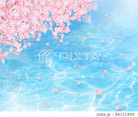 透き通った水面に美しく華やかな桜の花と花びら舞い散る春 背景ベクター素材イラストのイラスト素材