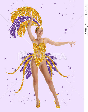 Contemporary art collage with beautiful young woman in drawn colorful carnival peacock costume. Concept of festival, holdiays, art, fashion 88153030