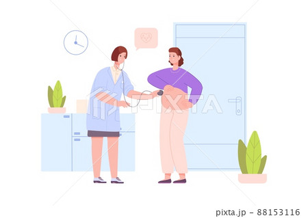 Pregnant woman at obstetrician. Medic midwife check up baby prenatal health with stethoscope, nurse gynaecologist examination birth pregnancy, simplistic vector illustration Pregnant woman at obstetrician. Medic midwife check up baby prenatal health with stethoscope, nurse gynaecologist examination birth pregnancy, simplistic vector illustration 88153116