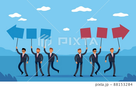 Different directions of business teams. People with arrows go in opposite way, alternative solution to problem and vision of situation, contrast or disagreement. Vector isolated concept 88153284