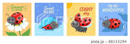 Cartoon ladybug cards. Baby pretty insects, childish cartoon beetle characters, cute red beetle sitting on leaf or flower, funny square posters with text. Spring, summer seasons vector set Cartoon ladybug cards. Baby pretty insects, childish cartoon beetle characters, cute red beetle sitting on leaf or flower, funny square posters with text. Spring, summer seasons vector set 88153294