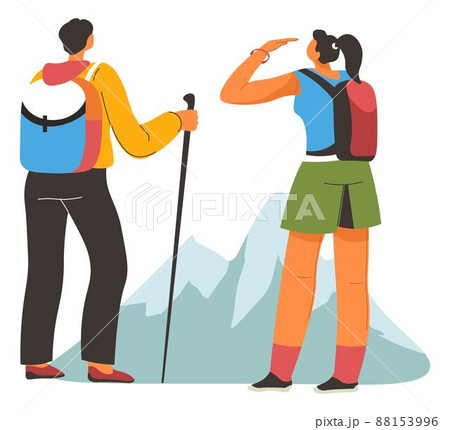 Trekking man and woman, hiking in mountains vector 88153996