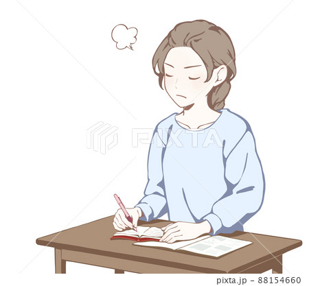 机に向かい文字を書く女性 怒る ぷんぷん のイラスト素材