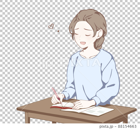 机に向かい文字を書く女性(デレっと笑顔/ハート) 88154663