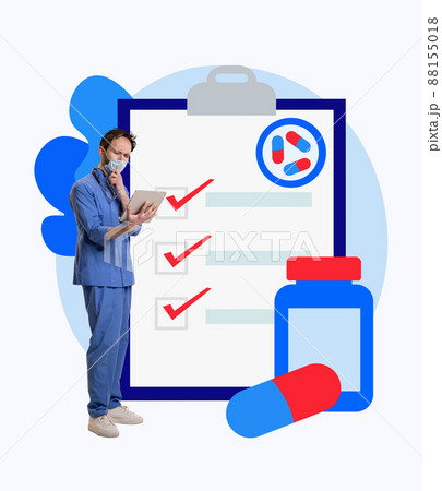 Contemporary art collage. Young man, doctor in blue uniform writes a prescription for treatment. Pharmacy, medicine, healthcare Contemporary art collage. Young man, doctor in blue uniform writes a prescription for treatment. Pharmacy, medicine, healthcare 88155018