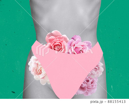 Contemporray art collage. Beautiful female bosy with flowers appearing from bikini zone isolated on green background Contemporray art collage. Beautiful female bosy with flowers appearing from bikini zone isolated on green background 88155413
