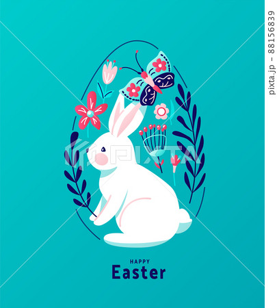 Happy easter greeting vector illustration. Funny white easter bunny with cute butterfly sit surrounded flowers, leaves and floral elements, decorated in egg shape. Isolated on white background Happy easter greeting vector illustration. Funny white easter bunny with cute butterfly sit surrounded flowers, leaves and floral elements, decorated in egg shape. Isolated on white background 88156839