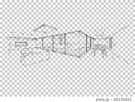 Interior perspective with living and dining surrounding the courtyard 88156881