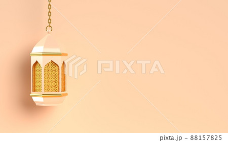 Islamic 3d rendering scene with hanging arabic lantern. Eid Mubarak and Ramadan Kareem. 3d rendering, copy space. Islamic 3d rendering scene with hanging arabic lantern. Eid Mubarak and Ramadan Kareem. 3d rendering, copy space. 88157825