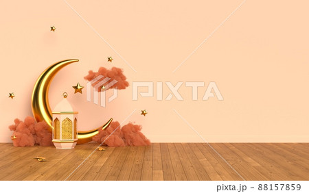 Islamic 3d rendering scene with arabic lantern, golden crescent, clouds on the wooden floor. Eid Mubarak and Ramadan Kareem. Islamic 3d rendering scene with arabic lantern, golden crescent, clouds on the wooden floor. Eid Mubarak and Ramadan Kareem. 88157859