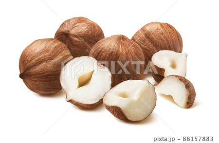 Pile of shelled hazelnuts isolated on white background Pile of shelled hazelnuts isolated on white background 88157883