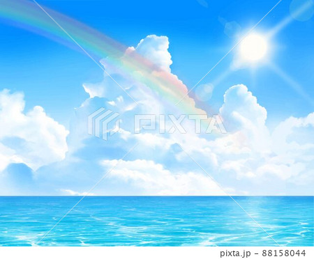 太陽の下入道雲の青い空と虹のかかった海のゆらめく波の夏イメージの