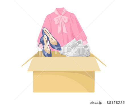 段ボール箱の中に女性物の洋服や靴 衣類の荷物を梱包/開封するイラスト 引越しや収納,配送 段ボール箱の中に女性物の洋服や靴 衣類の荷物を梱包/開封するイラスト 引越しや収納,配送 88158226