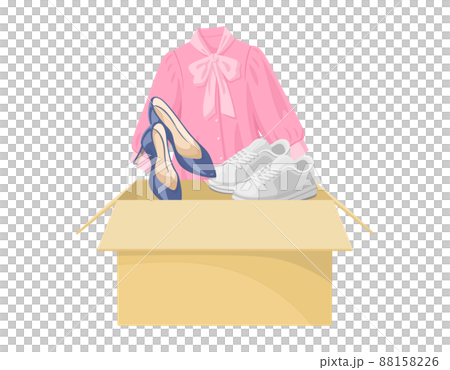 段ボール箱の中に女性物の洋服や靴 衣類の荷物を梱包/開封するイラスト 引越しや収納,配送 段ボール箱の中に女性物の洋服や靴 衣類の荷物を梱包/開封するイラスト 引越しや収納,配送 88158226
