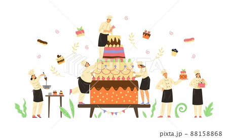 Banner with confectioners characters and cake flat vector illustration isolated. 88158868