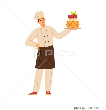Confectioner presents birthday or wedding cake, vector illustration isolated. 88158892