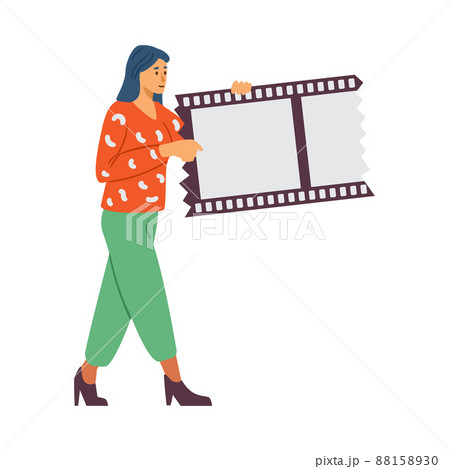 Video editor female character with video tape flat vector illustration isolated. Video editor female character with video tape flat vector illustration isolated. 88158930