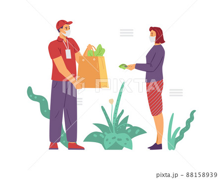 Woman purchases cash on delivery of food, people in face masks - flat vector illustration isolated on white. Woman purchases cash on delivery of food, people in face masks - flat vector illustration isolated on white. 88158939