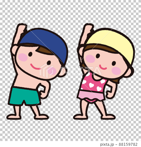 Boys and girls wearing swimsuits and doing preparatory exercises 88159782