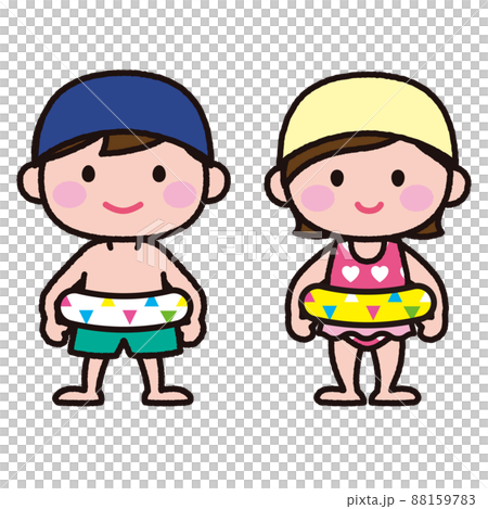 水着で浮き輪を持つ男の子と女の子 88159783