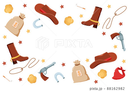 Frame Wild West set of vector illustrations. Cowboy western elements icon. hat, neckerchief, boots, lasso, horseshoe, bag and money, pistol and cigarette 88162982