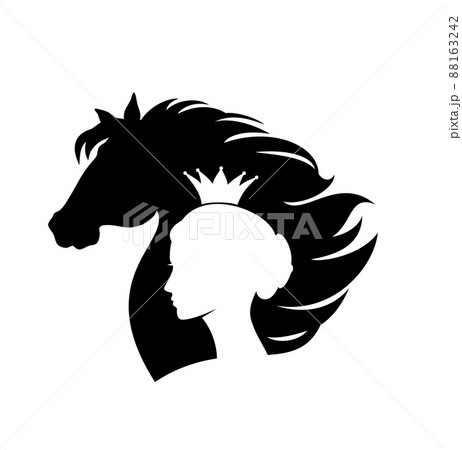 black and white vector silhouette portrait of fairy tale princess with her pony horse black and white vector silhouette portrait of fairy tale princess with her pony horse 88163242