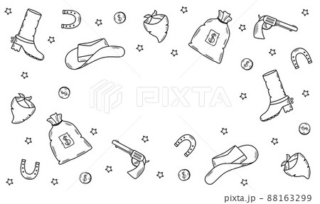 Wild West set of vector illustrations. Cowboy western elements icon. hat, neckerchief, boots, lasso, horseshoe, bag and money, pistol and cigarette 88163299