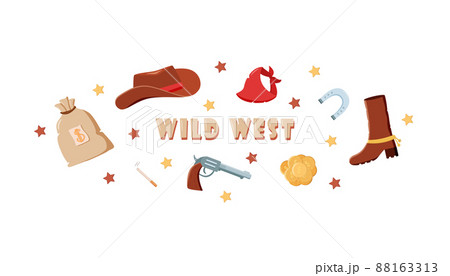 Wild West set of vector illustrations. The inscription Wild West. Cowboy western elements icon. hat, neckerchief, boots, lasso, horseshoe, bag and money, pistol and cigarette 88163313