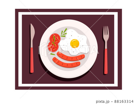 Fried egg, sausage and tomatoes on a plate. Breakfast concept, flat lay. Vector illustration of cooked food 88163314