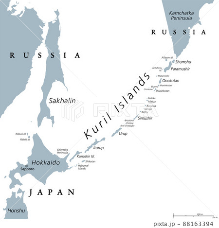 Kuril Islands, gray political map. A volcanic archipelago part of Sakhalin Oblast in Russian Far East. Stretches from Hokkaido in Japan to Kamchatka Peninsula in Russia. Under Russian administration. Kuril Islands, gray political map. A volcanic archipelago part of Sakhalin Oblast in Russian Far East. Stretches from Hokkaido in Japan to Kamchatka Peninsula in Russia. Under Russian administration. 88163394