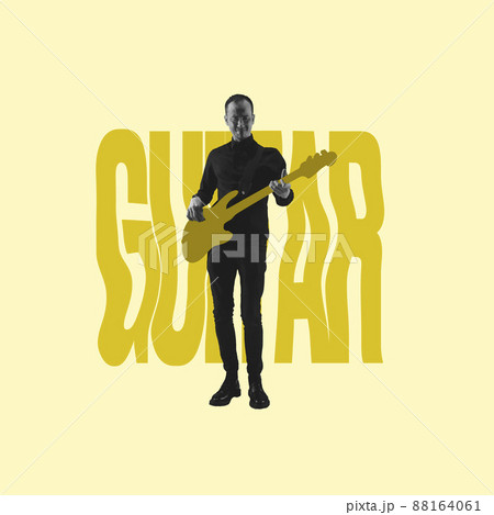Collage. Young man in stylish cloth playing guitar, giving concert isolated over yellow background Collage. Young man in stylish cloth playing guitar, giving concert isolated over yellow background 88164061