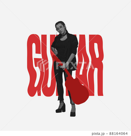 Collage. Young woman in stylish cloth playing guitar, giving concert isolated over gray background 88164064