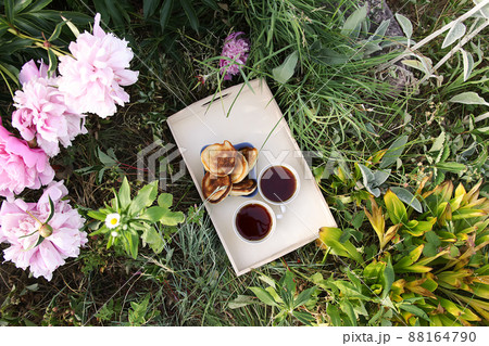 Tea in country style in summer garden in the village. Two cups of black tea and pancakes on wooden tray and blooming peony flowers in sunlight. 88164790