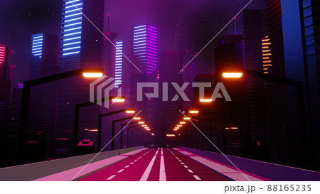 3d render of Cyber punk night city landscape concept. Light glowing on dark scene.  Night life. Technology network for 5g. Beyond generation and futuristic of Sci-Fi Capital city and building scene. 88165235