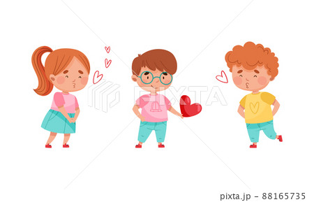 Adorable kids in love. Cute lovely boys and girl with hearts cartoon vector illustration 88165735