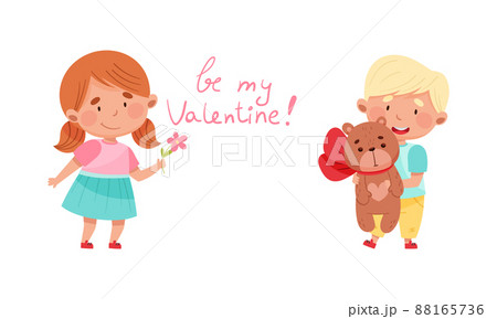 Be my Valentine. Adorable cute boy and girl in love cartoon vector illustration 88165736
