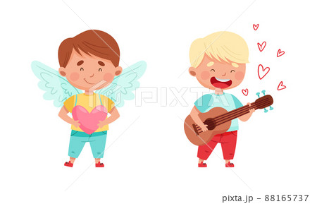 Adorable kids in love. Cute boys holding heart and playing guitar cartoon vector illustration 88165737