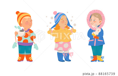 Kids winter activities set. Happy children in warm clothes walking outdoors cartoon vector illustration 88165739