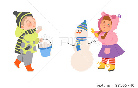 Kids winter activities set. Happy boy and girl in warm clothes making snowman and and playing snowballs cartoon vector illustration 88165740