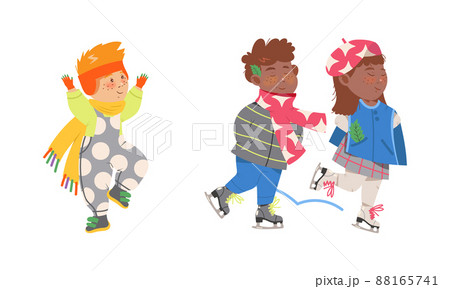 Kids winter activities set. Cute children in warm clothes walking outdoors and skating on rink cartoon vector illustration 88165741