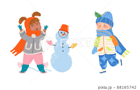 Kids winter activities set. Happy boy and girl in warm clothes making snowman cartoon vector illustrati 88165742