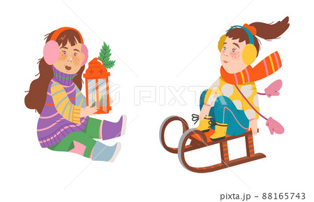 Kids winter activities set. Girls in warm clothes walking outdoors and sledding cartoon vector illustration 88165743