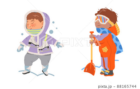 Kids winter activities set. Cute girl skating, boy shoveling snow cartoon vector illustration 88165744