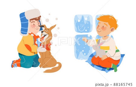 Kids winter activities set. Boys walking with dog outdoors and looking through frozen window cartoon vector illustration 88165745